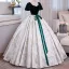Elegant Dark Green Printing Prom Dresses 2023 Ball Gown Velvet Square Neckline Bow Sash Short Sleeve Backless Floor-Length / Long Prom Formal Dresses