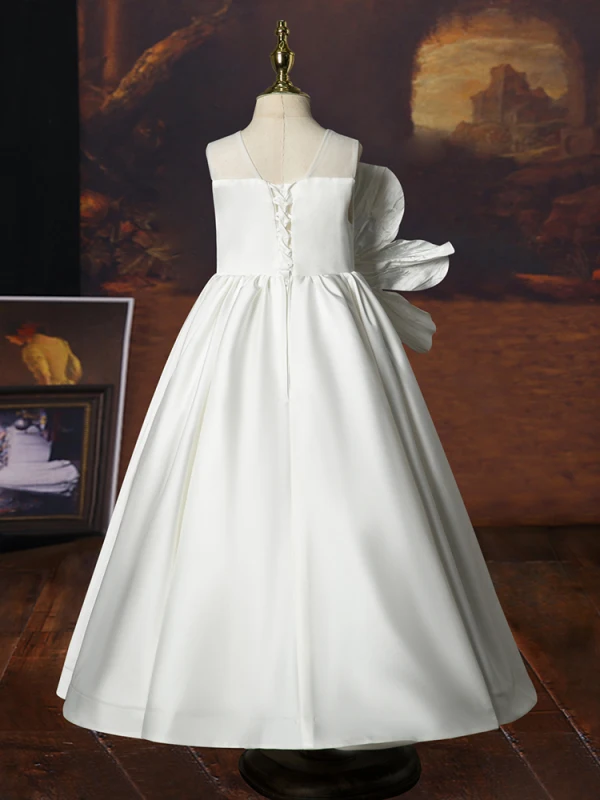 Chic / Beautiful White Birthday Appliques Flower Girl Dresses 2023 A-Line / Princess Scoop Neck Sleeveless Backless Floor-Length / Long