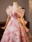 Fashion Blushing Pink Bow Printing Prom Dresses 2025 Ball Gown Off-The-Shoulder Short Sleeve Backless Floor-Length / Long Prom Formal Dresses
