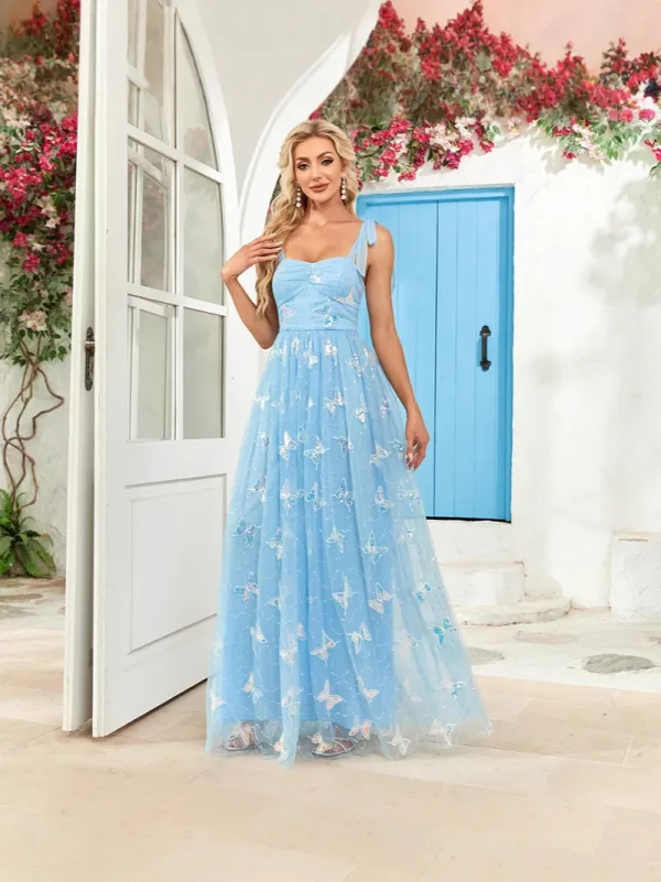 Mode Bleu Ciel Paillettes Papillon Robe De Bal 2025 Princesse Bretelles Spaghetti Sans Manches Dos Nu Longue Promo Robe De Ceremonie