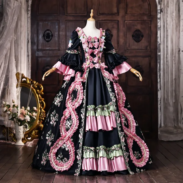 Medieval Vintage / Retro Black Bow Lace Flower Prom Dresses 2026 Ball Gown Square Neckline Bell sleeves Floor-Length / Long Formal Dresses