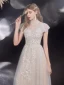 Chic / Beautiful Champagne Beading Sequins Prom Dresses 2022 A-Line / Princess High Neck Short Sleeve Backless Floor-Length / Long Prom Formal Dresses