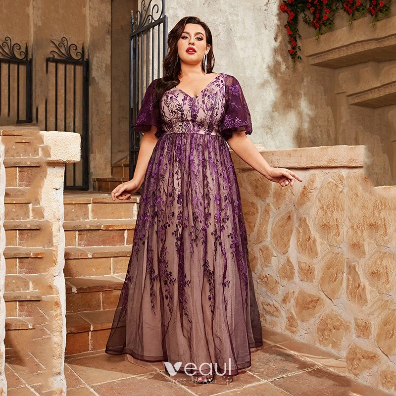 Chic Beautiful Purple Lace Flower Plus Size Evening Dresses 2025 A Line Princess V Neck Short