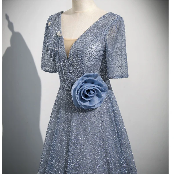 Sparkly Grey Beading Appliques Sequins Prom Dresses 2023 A-Line / Princess V-Neck Short Sleeve Backless Floor-Length / Long Formal Dresses