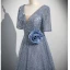 Sparkly Grey Beading Appliques Sequins Prom Dresses 2023 A-Line / Princess V-Neck Short Sleeve Backless Floor-Length / Long Formal Dresses