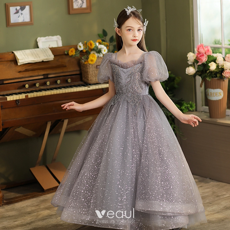 Bling Bling Grey Beading Sequins Birthday Flower Girl Dresses 2024 Ball Gown  Square Neckline Puffy Short Sleeve Floor-Length / Long