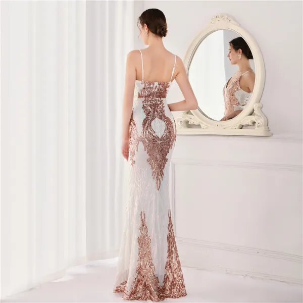 Charmant Doré Paillettes Robe De Soirée 2022 Trompette / Sirène Bretelles Spaghetti Sans Manches Dos Nu Longue Soirée Robe De Ceremonie