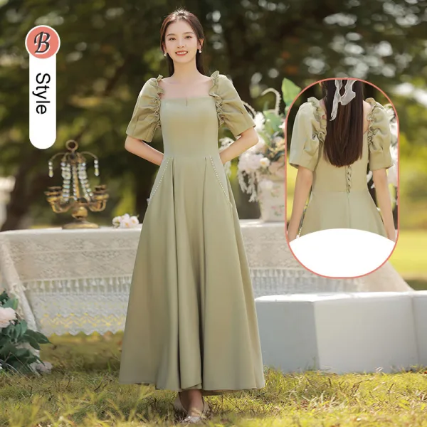 Simple Vert Cendré Satin Robe Demoiselle D'honneur 2022 Princesse Manches Courtes Dos Nu Longue Demoiselle D'honneur