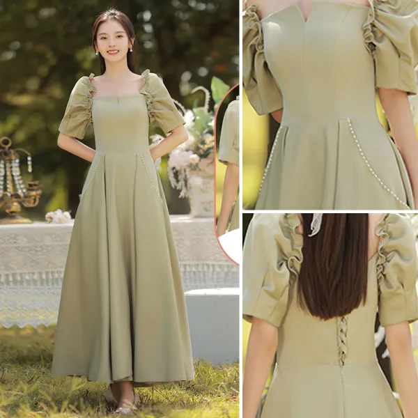 Simple Vert Cendré Satin Robe Demoiselle D'honneur 2022 Princesse Manches Courtes Dos Nu Longue Demoiselle D'honneur