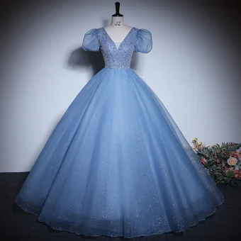 Élégant Bleu Ciel Perlage Paillettes Robe De Bal 2023 Robe Boule V Cou Manches Courtes Dos Nu Longue Promo Robe De Ceremonie