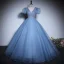 Elegant Sky Blue Beading Sequins Prom Dresses 2023 Ball Gown V-Neck Short Sleeve Backless Floor-Length / Long Prom Formal Dresses