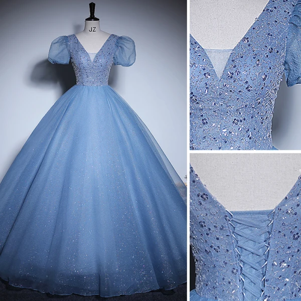 Elegant Sky Blue Beading Sequins Prom Dresses 2023 Ball Gown V-Neck Short Sleeve Backless Floor-Length / Long Prom Formal Dresses