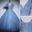 Elegant Sky Blue Beading Sequins Prom Dresses 2023 Ball Gown V-Neck Short Sleeve Backless Floor-Length / Long Prom Formal Dresses