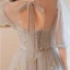 Modest / Simple Grey Lace Flower Bridesmaid Dresses 2023 A-Line / Princess Short Sleeve Backless Floor-Length / Long Bridesmaid Dresses