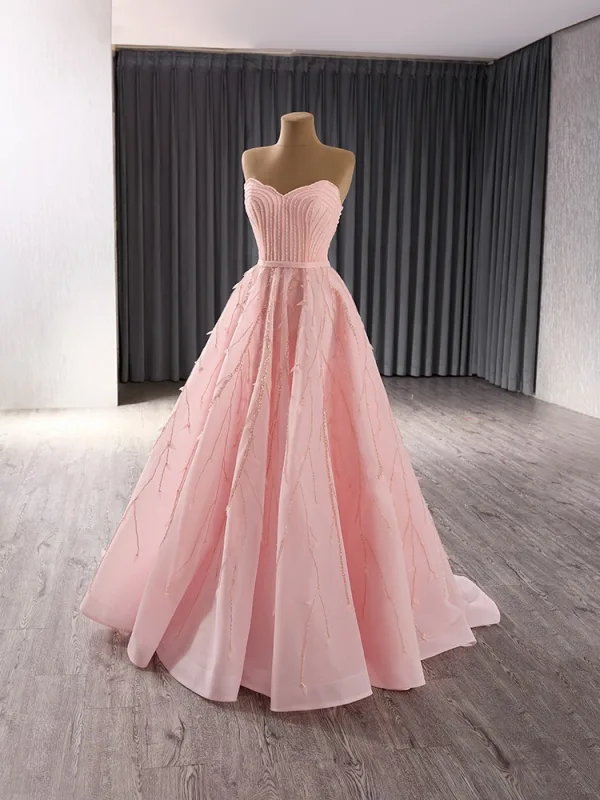 High End Rosa Handgefertigt Perlenstickerei Pailletten Ballkleider 2024 Ballkleid Bandeau Ärmellos Rückenfreies Lange Ball Festliche Kleider