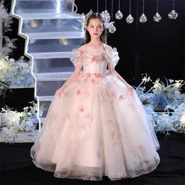 Charmant Champagne Appliques Anniversaire Robe Ceremonie Fille 2024 Robe Boule Encolure Dégagée Manches Courtes Longue