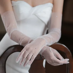 Élégant Blanche Fait Main Faux Diamant Mariage Gants Mariage 2025 Tulle