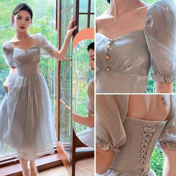 Modest / Simple Grey Bridesmaid Dresses 2022 A-Line / Princess Short Sleeve Backless Floor-Length / Long Bridesmaid Wedding Party Dresses