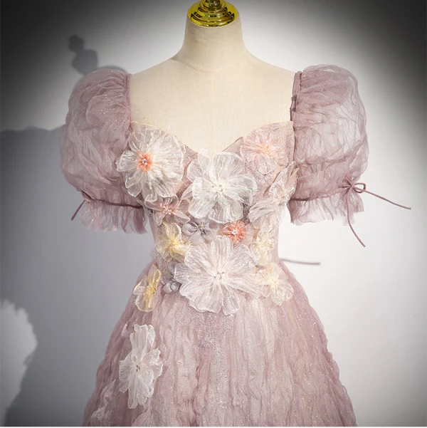 Chic / Belle Rougissant Rose Glitter Appliques Volants Robe De Bal 2024 Princesse Encolure Carrée Manches Courtes Dos Nu Longue Promo Robe De Ceremonie