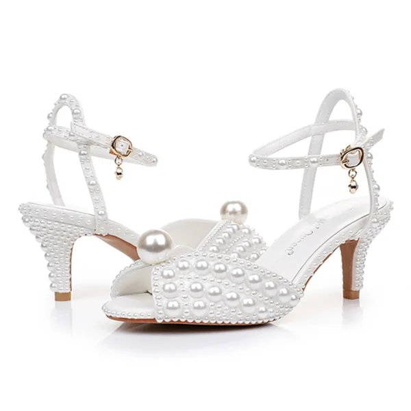 Chic / Beautiful White Pearl Ankle Strap Wedding Shoes 2025 6 cm Stiletto Heels Open / Peep Toe Wedding Sandals High Heels