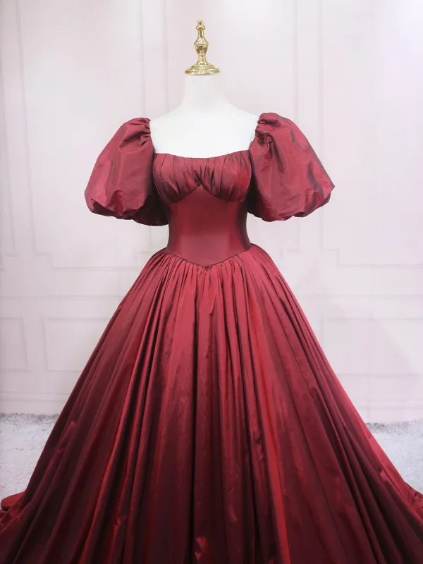 Demure Burgundy Prom Dresses 2025 Ball Gown Off-The-Shoulder Puffy Short Sleeve Backless Sweep Train Prom Formal Dresses