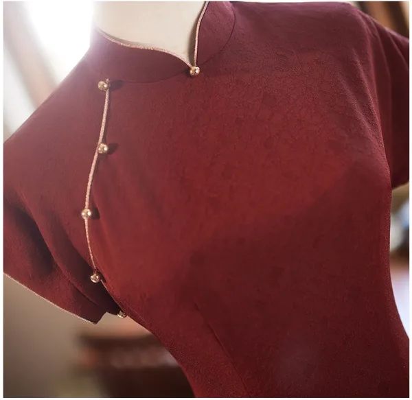 Modest  Burgundy Casual Cheongsam 2025 Trumpet / Mermaid High Neck Short Sleeve Floor-Length / Long
