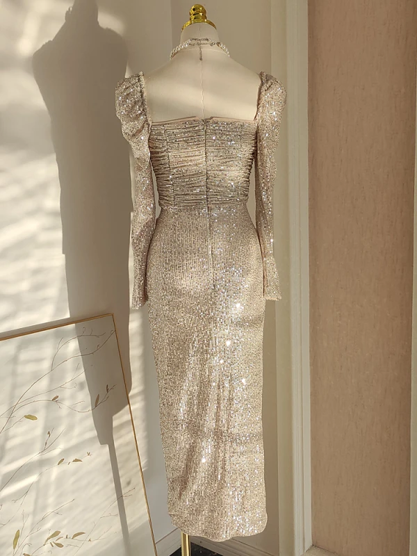 Sexy Champagne Paillettes Robe De Soirée 2023 Trompette / Sirène Encolure Carrée Manches Longues Dos Nu Thé Longueur Soirée Robe De Ceremonie