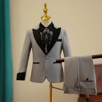 Grey Long Sleeve 5 Piece Boys Wedding Suits 2024 Wedding Coat Pants Shirt Tie Vest