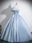 Chic / Beautiful Sky Blue Prom Dresses 2026 Ball Gown One-Shoulder Short Sleeve Backless Floor-Length / Long Formal Dresses