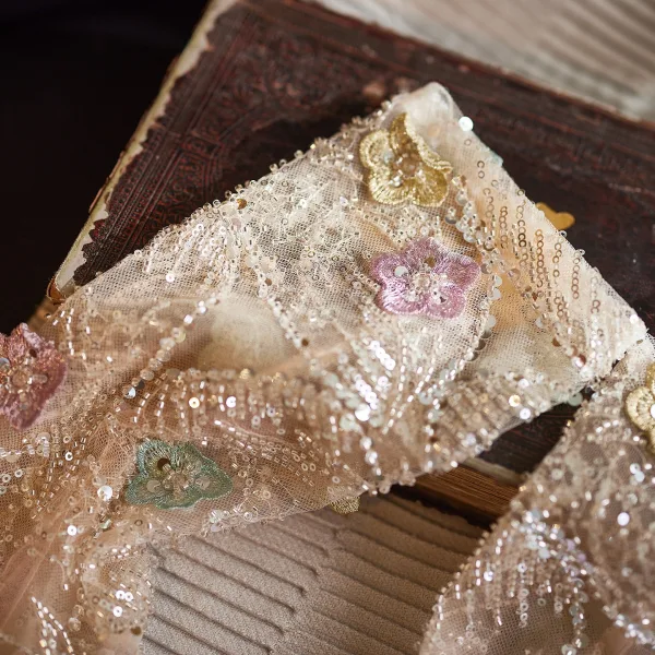 Élégant Champagne Fait main Perlage En Dentelle Fleur Mariage Gants Mariage 2026 Tulle