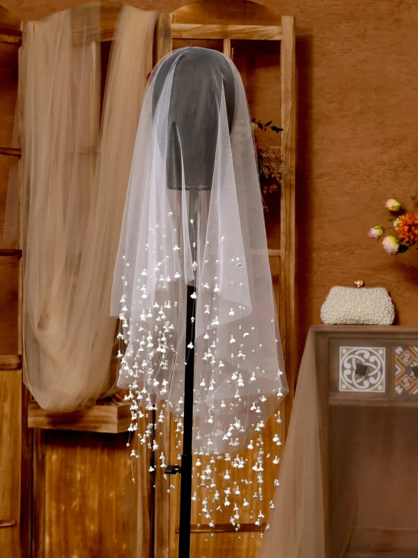 Unique Blanche Fait main Fleur Perle 1 m Tulle Voile De Mariée 2025