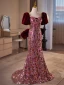Scintillantes Bordeaux Paillettes Fleur Robe De Bal 2024 Trompette / Sirène Encolure Carrée Manches Courtes Dos Nu Noeud Train De Balayage Promo Robe De Ceremonie