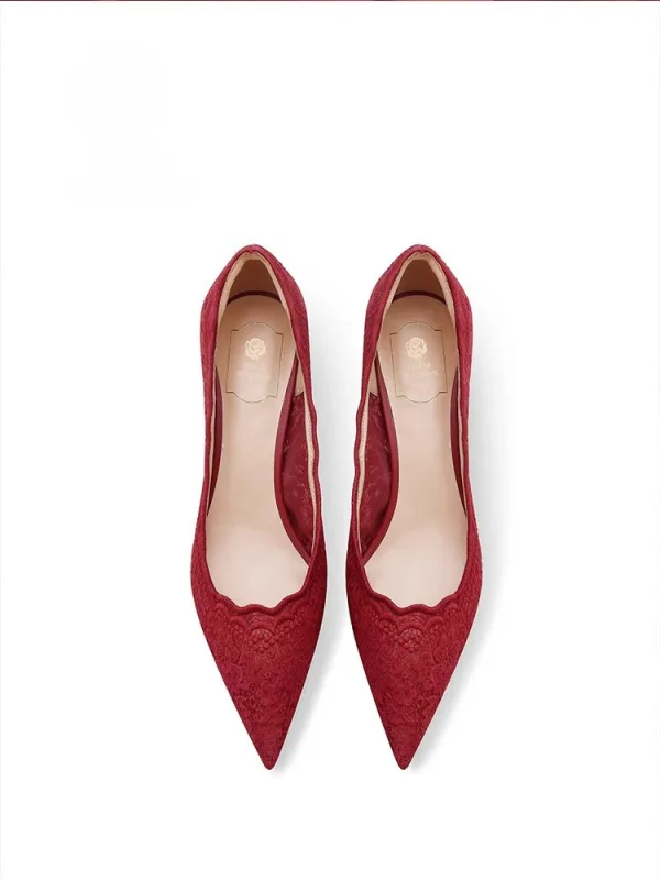 Elegant Red Lace Flower Leather Wedding Shoes 2026 6 cm Stiletto Heels Pointed Toe Wedding Pumps