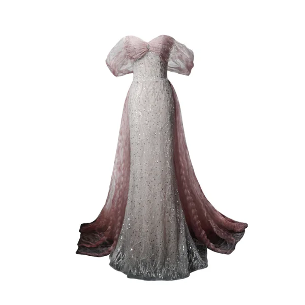 Charmant Gris Rougissant Rose Perlage Faux Diamant Paillettes Robe De Soirée 2022 Trompette / Sirène De l'épaule Manches Courtes Dos Nu Train De Balayage Soirée Robe De Ceremonie