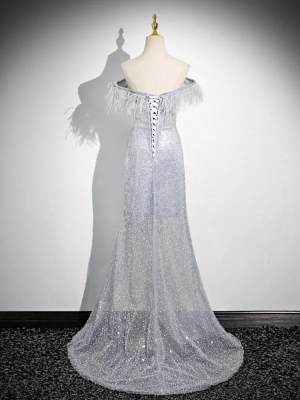 Bling Bling Gris Perlage Paillettes Robe De Bal 2024 Trompette / Sirène De l'épaule Gland Sans Manches Dos Nu Promo Train De Balayage Robe De Ceremonie
