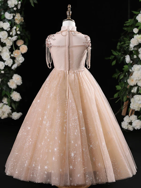 Bling Bling Champagne Beading Sequins Birthday Flower Girl Dresses 2024 A-Line / Princess High Neck Sleeveless Floor-Length / Long