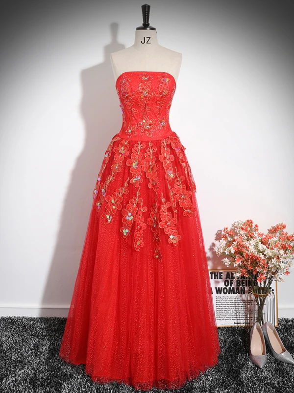 Chic / Beautiful Red Flower Sequins Prom Dresses 2024 Ball Gown Strapless Sleeveless Backless Floor-Length / Long Prom Formal Dresses