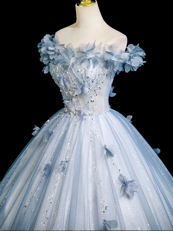 Bling Bling Sky Blue Beading Appliques Sequins Prom Dresses 2025 Ball Gown Off-The-Shoulder Short Sleeve Backless Floor-Length / Long Formal Dresses