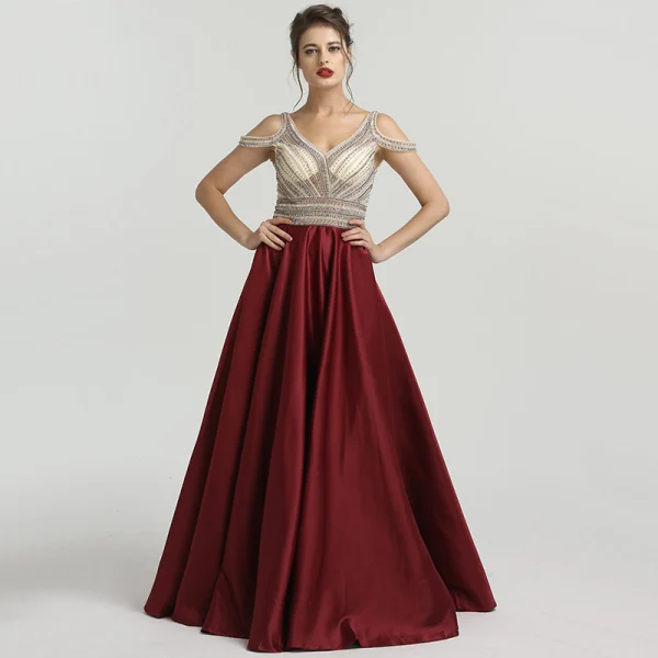 Luxury / Gorgeous Evening Dresses  2018 A-Line / Princess Crystal Beading Rhinestone V-Neck Strapless Backless Sleeveless Sweep Train Formal Dresses
