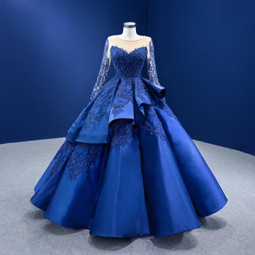 Luxe Bleu Roi Perlage Perle Paillettes En Dentelle Fleur Volants En Cascade Robe De Bal 2022 Robe Boule Encolure Dégagée Manches Longues Longue Promo Robe De Ceremonie