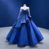 Luxury / Gorgeous Royal Blue Beading Pearl Sequins Lace Flower Cascading Ruffles Prom Dresses 2022 Ball Gown Scoop Neck Long Sleeve Floor-Length / Long Prom Formal Dresses