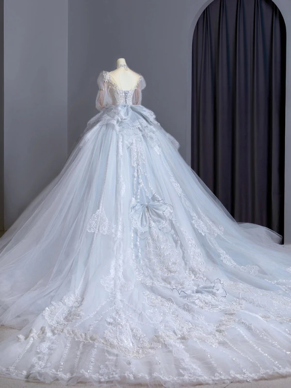 Charmant Blanche Perlage Perle Faux Diamant Paillettes Robe De Mariée 2024 Robe Boule Col Haut Manches de cloche Dos Nu Noeud Tribunal Train Mariage