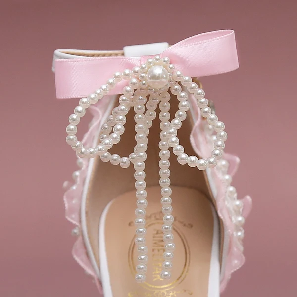 Schön Charmant Weiß Brautschuhe 2023 Knöchelriemen Perle Schleife 9 cm Stilettos Spitzschuh Hochzeit Sandaletten Hochhackige