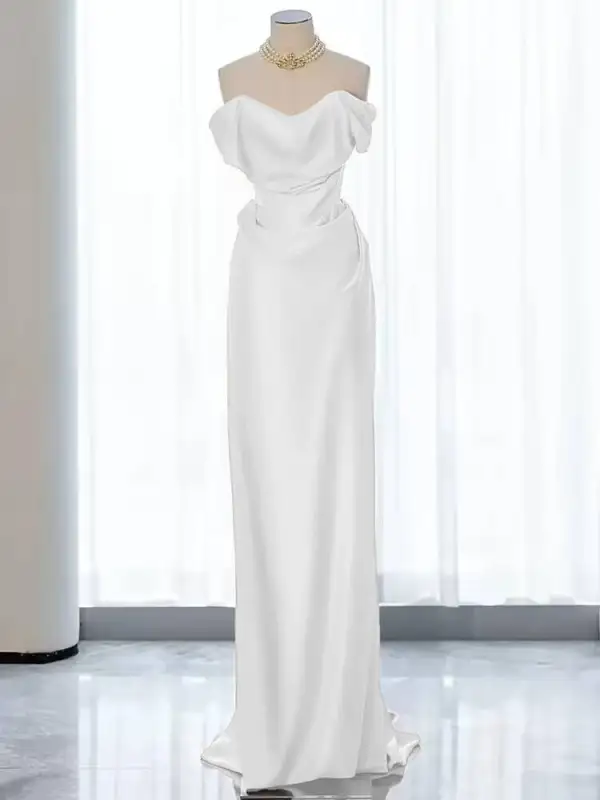 Modest / Simple Black Satin Evening Dresses 2024 Trumpet / Mermaid Strapless Sleeveless Backless Floor-Length / Long Evening Party Formal Dresses