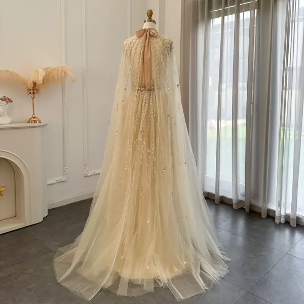 High-end Beige Handmade Beading Sequins Rhinestone Prom Dresses 2024 A-Line / Princess High Neck Sleeveless Floor-Length / Long Prom Formal Dresses
