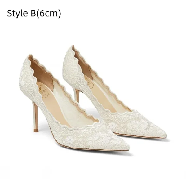 Elegant White Lace Flower Wedding Shoes 2026 Leather 8 cm Stiletto Heels Pointed Toe Wedding Pumps