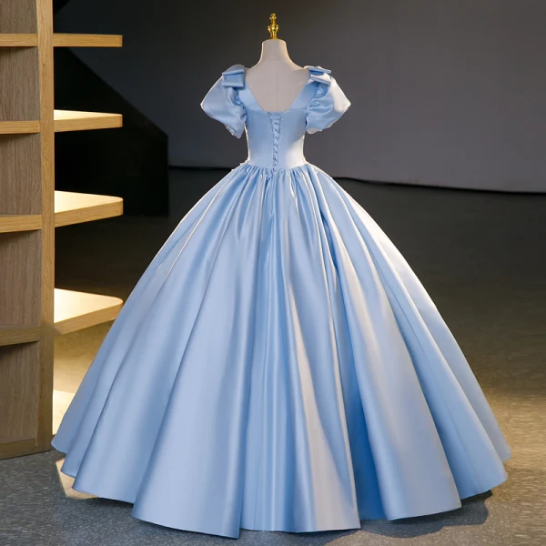 Elegant Sky Blue Satin Beading Pearl Lace Flower Prom Dresses 2023 Ball Gown Square Neckline Puffy Short Sleeve Bow Backless Floor-Length / Long