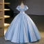 Elegant Sky Blue Satin Beading Pearl Lace Flower Prom Dresses 2023 Ball Gown Square Neckline Puffy Short Sleeve Bow Backless Floor-Length / Long