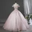 Lovely Blushing Pink Beading Sequins Lace Flower Appliques Prom Dresses 2026 Ball Gown Off-The-Shoulder Short Sleeve Backless