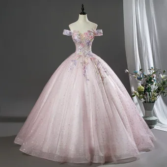 Schön Rosa Perlenstickerei Pailletten Spitze Blumen Applikationen Ballkleider 2026 Ballkleid Off Shoulder Kurze Ärmel Rückenfreies